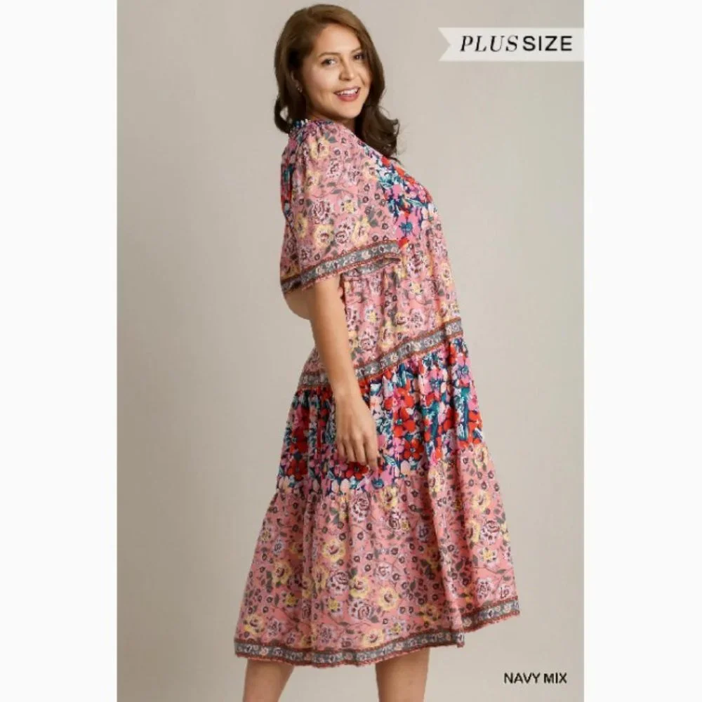 Bohemian Floral Print Maxi Dress - Plus Size XL - Navy Multicolor - Picture 3 of 7